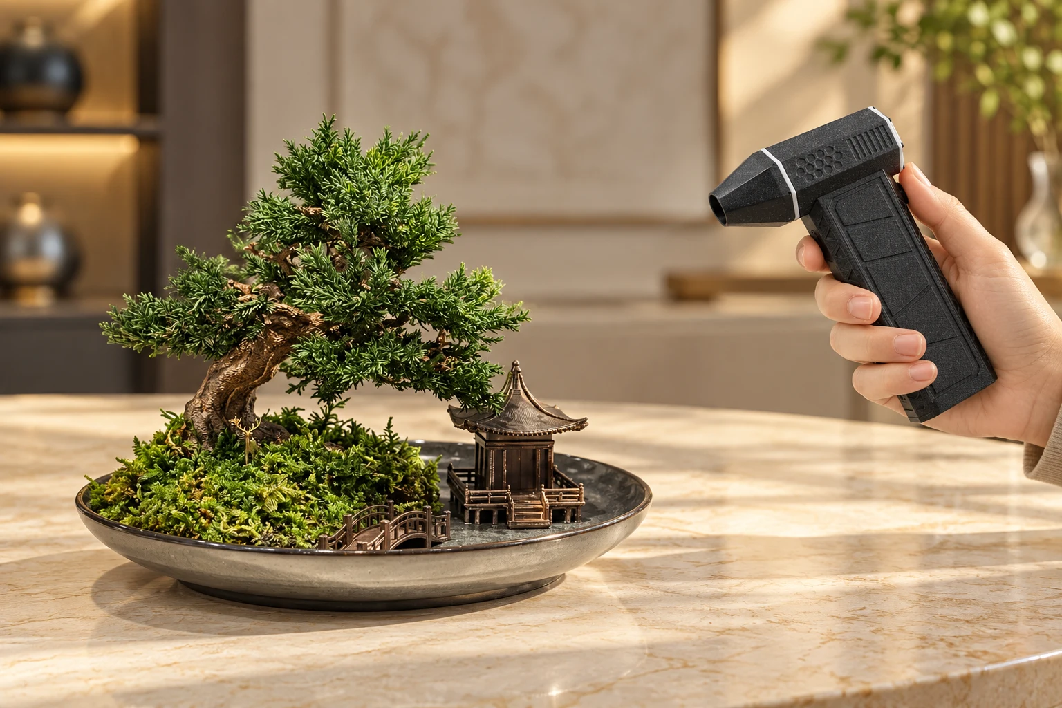 Gently dusting a bonsai with a mild air blower from a distance