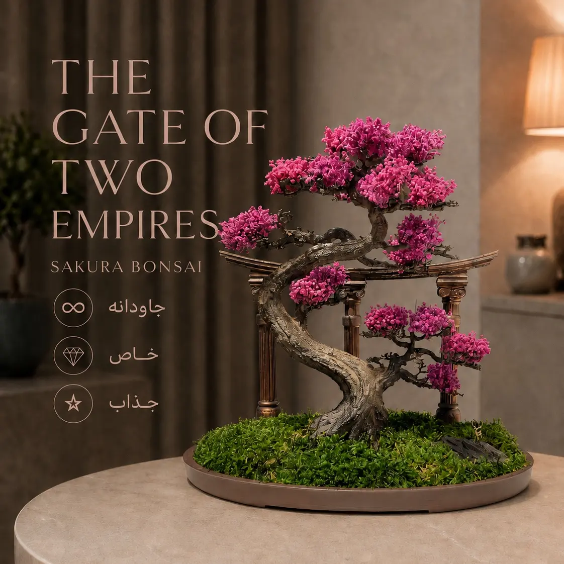 Preserved sakura bonsai among Achaemenid columns and a Japanese gate