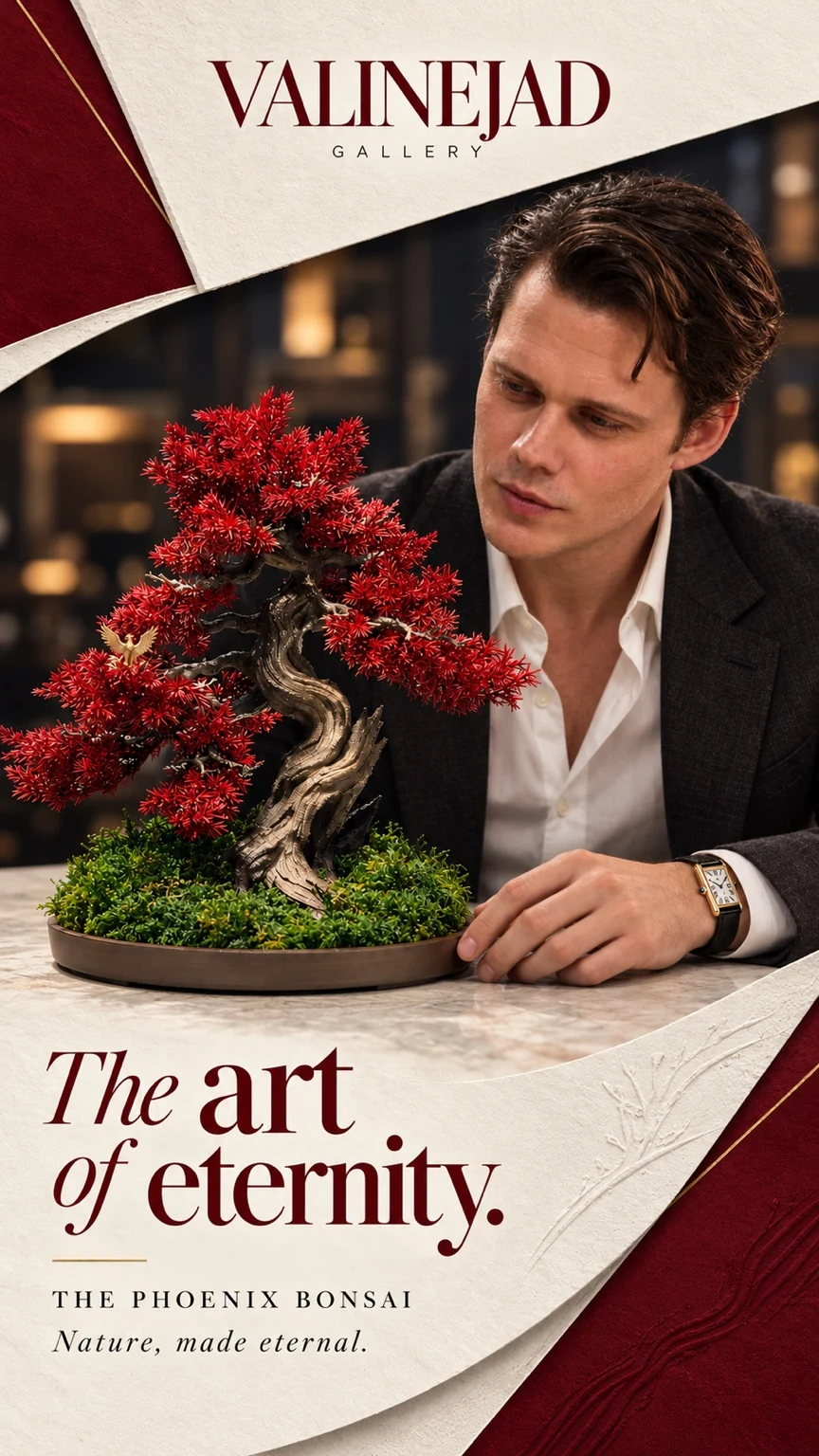 Artistic illustration of a man contemplating a burgundy preserved bonsai