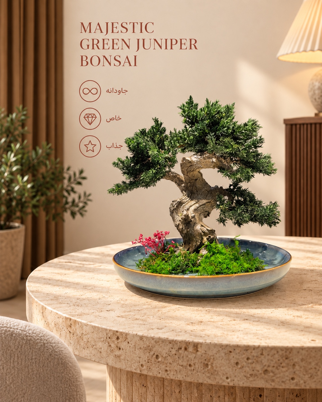 Majestic Green Juniper Bonsai with a twisted trunk, natural moss, red flowers and a miniature deer