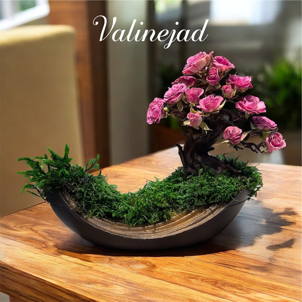 بونسای جاودانه رز مینیاتوری پینک روی گلدان هلالی – گالری والی‌نژاد